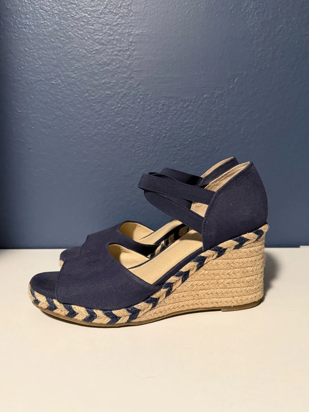 LifeStride Navy Blue Canvas Espadrille Wedge Sandals Cross Strap Size 8.5